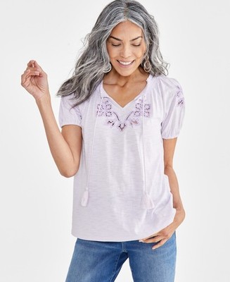 Style & Co Women's Embroidery Vacay Cotton Modal Top Purple Size XL $50