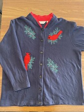 Vtg 90s Orvis Black Cardinal Embroidered Christmas Holiday Cardigan Sweater XL