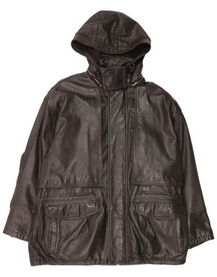 Andrew Marc Herren Ledermantel mit Kapuze UK 42 XL Schwarz Leder VE04