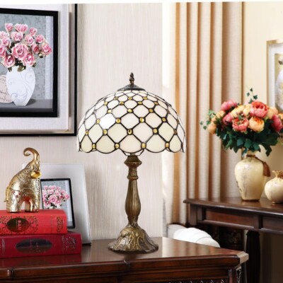 Tiffany Style Stained Glass Beige Light Table Lamp Vintage Shade Lamp 18'' Tall