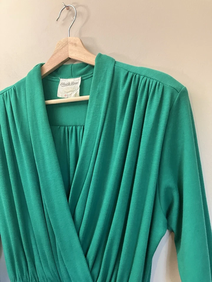 Vestido Vintage Años 70 80 Sobrepelliz Frontal Verde Manga Larga Jersey Sin Forro Western Foto 3 de 4