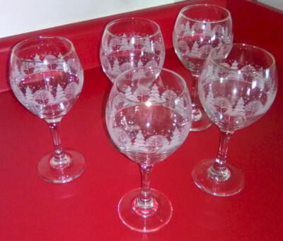 Vintage Arby's Libbey Frosted Winter Tree Scene Gold Rim Goblets - Set Of 5