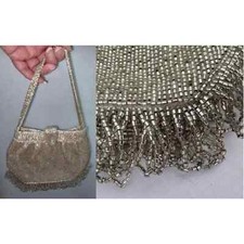 Vintage 50s 60s Small Silver Glass Bugle Bead Purse Bead Fringe 30s Deco Style