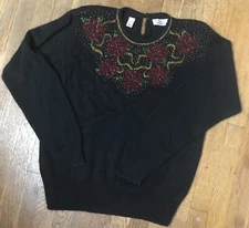 Vintage Karen Scott Silk Blend Beaded Floral Design Sweater w/Shoulder Pads PL