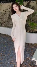 Women's Fashion V-neck Single Breasted Slim fit slit Package buttocks Midi dress