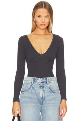 Free People Meg Seamless V-Neck Bodysuit Gusset Snap In Obsidian
