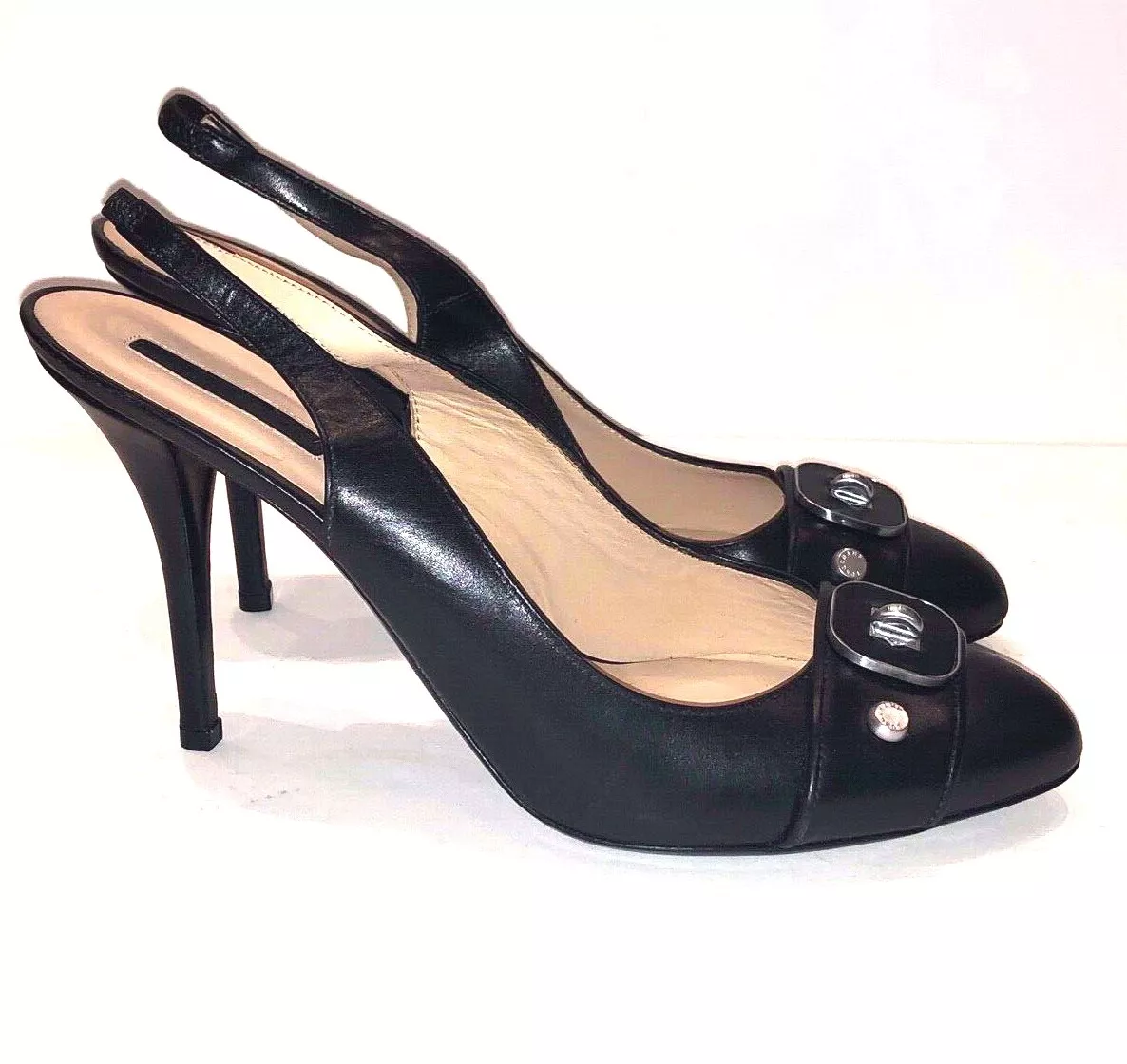 Longchamp Cuir Noir Roseau Bout Avant Tourné Escarpins Talons Italie Taille 41