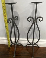 Mid Century Pair Of  Wrought Iron Tripod Candlestick Holders 20" Patina