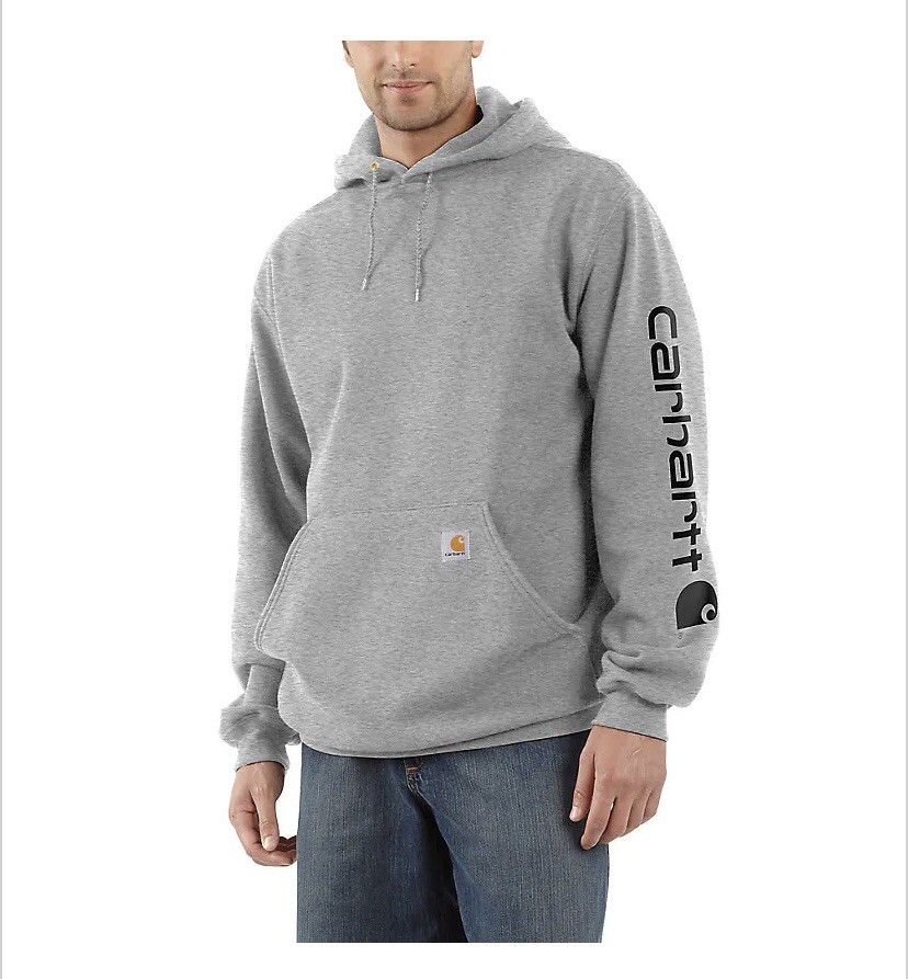 NWT Carhartt K288 Heather Grey Graphic Logo Sleeve Hooded