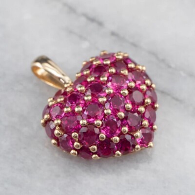 3Ct Round Cut Natural Ruby Cluster Heart Pendant Necklace Solid 14K Yellow Gold