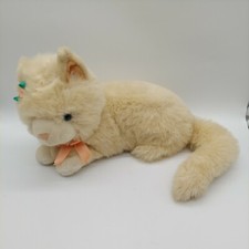 Cream Beige Kitty Persian Cat 12" Laying Stuffed Animal Pink Bow Collar Blue Eye