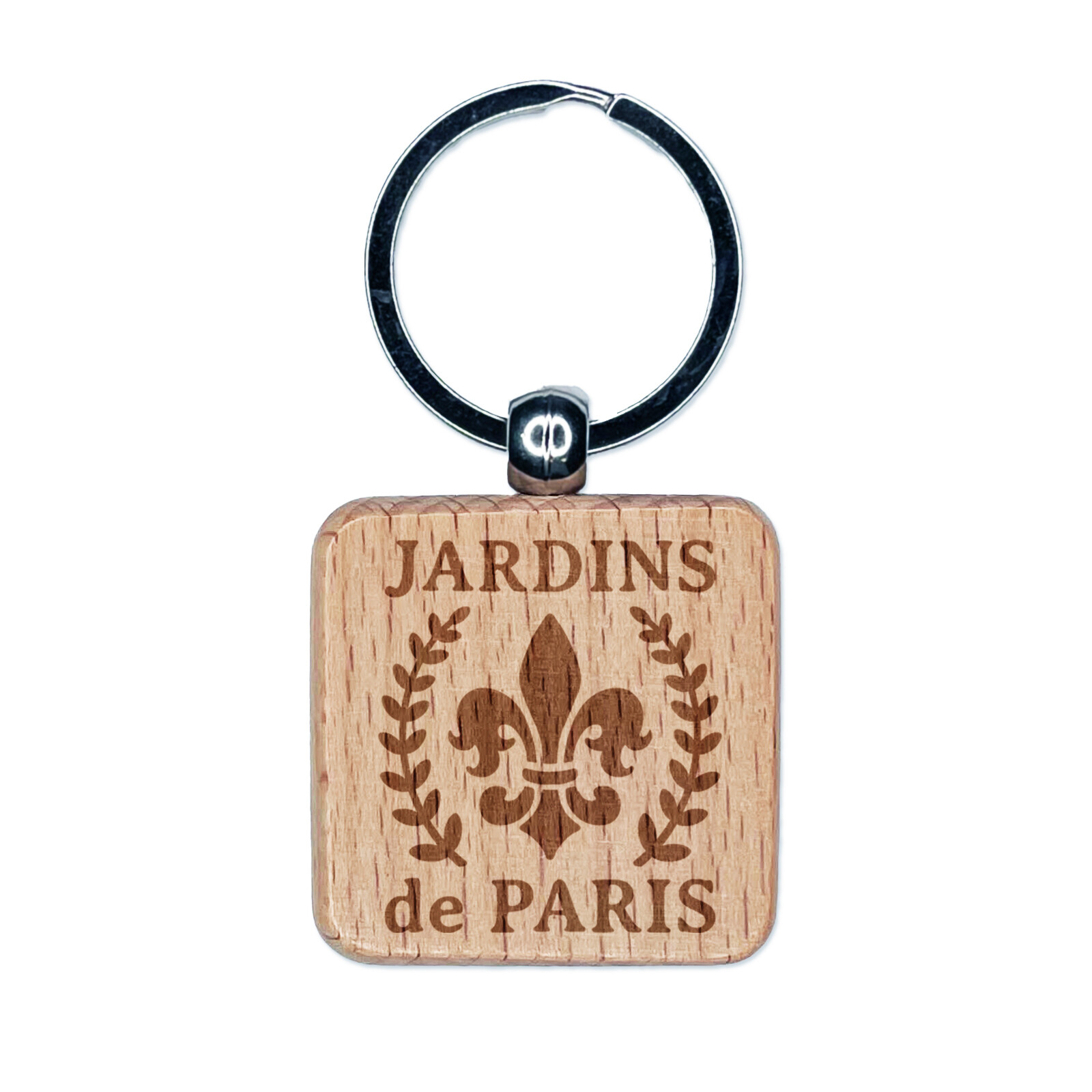 Jardins de Paris Fleur de Lis Engraved Wood Square Keychain Tag Charm
