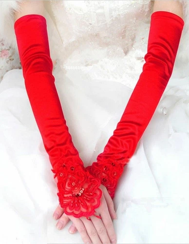 New Women Party Dress Bridal Wedding Fingerless Lace Stretch Satin long Gloves - Picture 7 of 11