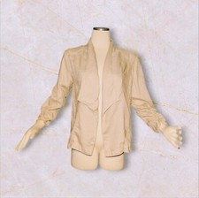 CHICO'S Open Front Blazer Tan Beige 100 Linen Ruched 3/4 Sleeves Women's Medium