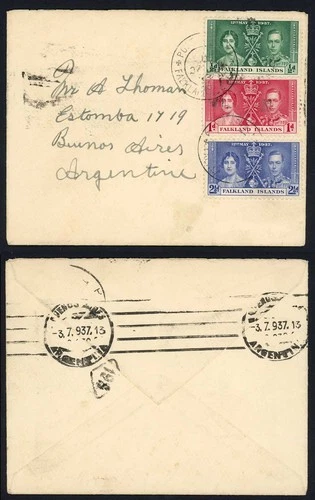 Falkland Is SG143/5 1937 Coronation set on cover (not FDC)