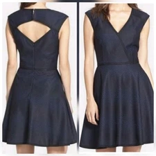 Trina Turk Blue and Black Textured V Neck Fit Flare Dress Size 10 Back cut out