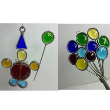 VTG Stained Glass Clown Holding Balloon  Balloon Bouquet Sun-catchers Set Of 2