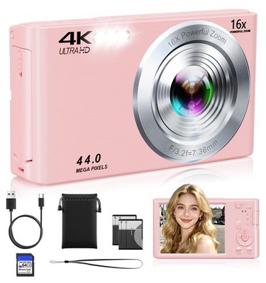 Digital Camera 4K FHD Pink 44MP 64GB Memory Card, 2 Batteries - 16X Zoom