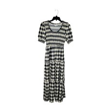 MOON RIVER Puff Sleeve Gingham Midi Dress Sz S Navy Blue Cream Cottagecore Boho