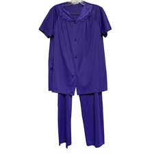 Vintage Vanity Fair Purple Nylon Pajama Set Floral Embroidered 2PC Medium USA