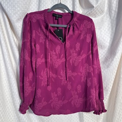 Fred David Magenta Blouse Floral Jacquard Texture Ties Smocked Cuffs Size S