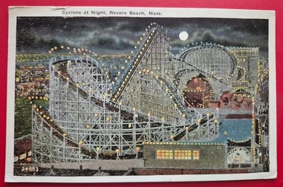Revere Beach, MA. Cyclone at Night  - 1926 Postcard