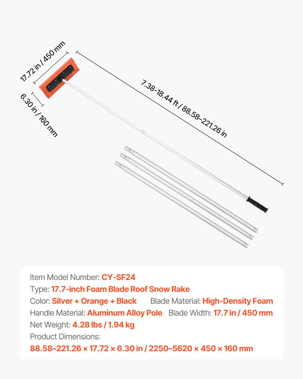 VEVOR?Snow?Roof?Rake,?17.7?in?Foam?Blade,?7.3-18.4?ft?Adjustable?Roof?Snow?Scrap