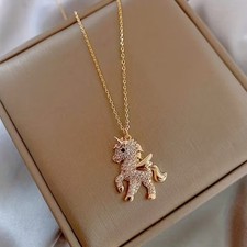 14K Gold Plated Crystal Unicorn Pendant Necklace Women  Girls Jewelry
