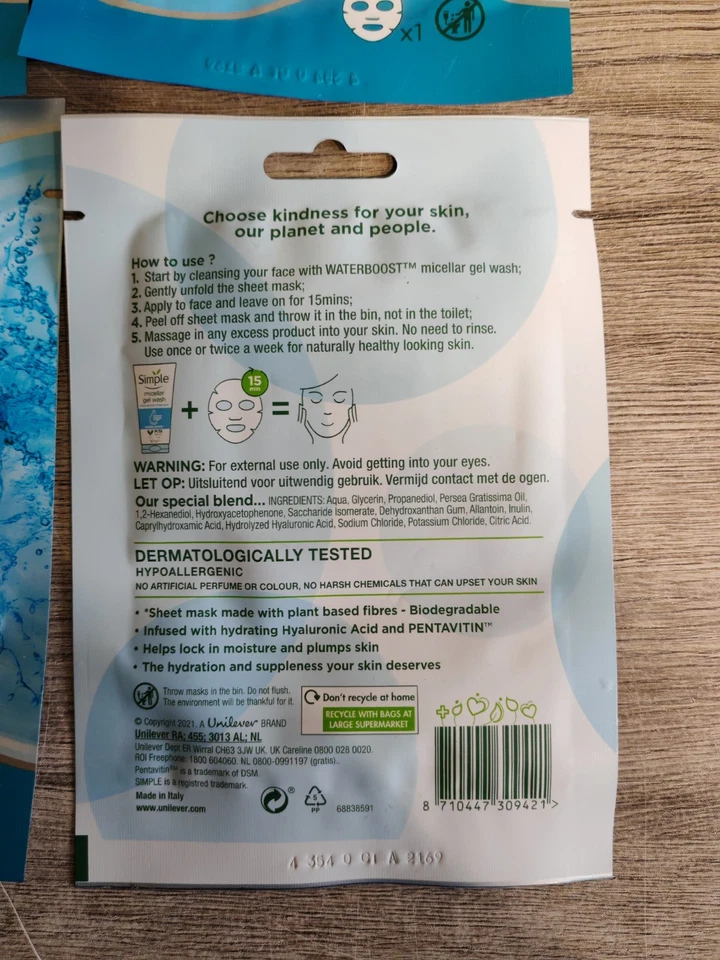 6 x Simple Hydrating Sheet Mask with Hyaluronic Acid & Pentavitin Face Dry Skin - Image 3 of 4
