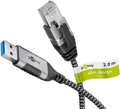 Goobay 74395 Ethernet-Kabel USB-A 3.0 auf RJ45, Slim, 2 m, 2 m, schwarz-Silber -