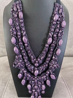 Vintage Vera Wang Lavender Label Beaded Bib Necklace Purple Statement Ribbon Tie