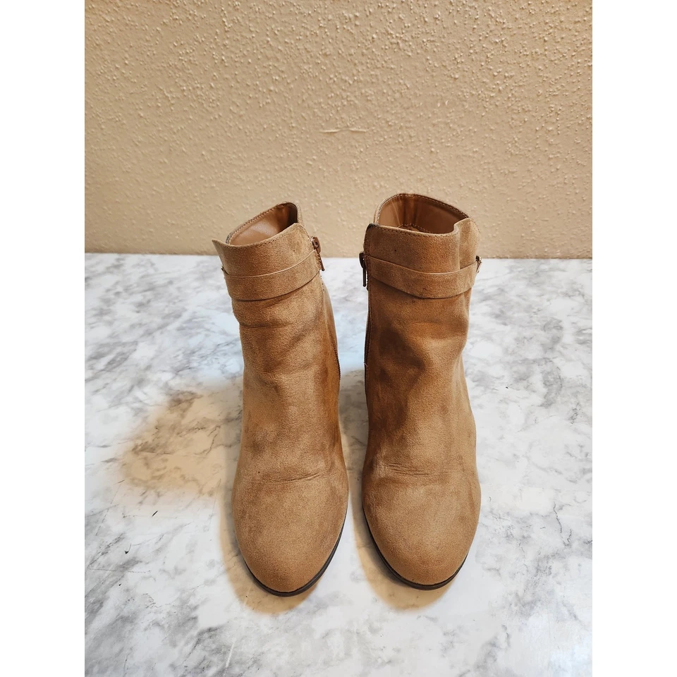 Botas al tobillo Lauren Conrad para mujer de gamuza tostada tacón grueso con cremallera correas talla 9 Foto 4 de 4