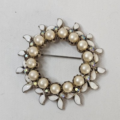 Kramer Wreath Round Brooch Faux Pearl White Enamel AB Rhinestone Signed Jewelry