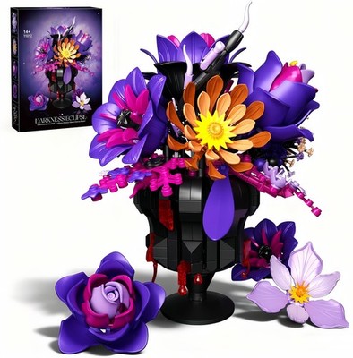 Flower Bouquet Building Set with Vase, Christmas Purple Roses Collection Kits