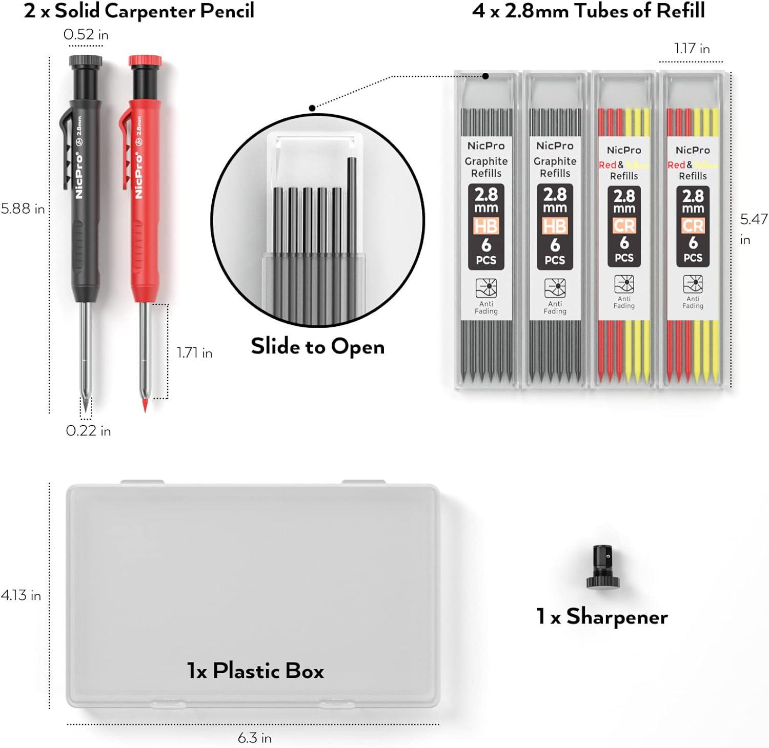 Nicpro Carpenter Pencil with Sharpener, Mechanical Pencils Set Black,Red