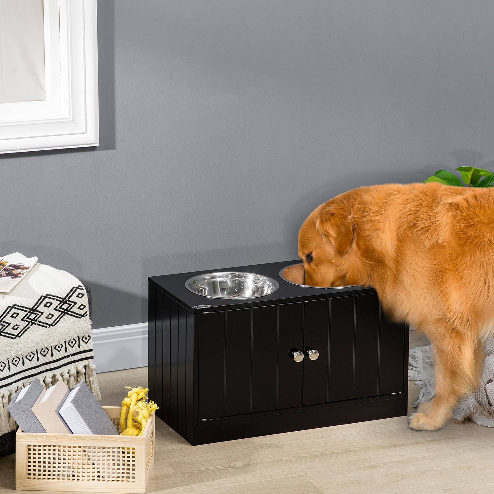 Storage Cabinet & Dog Feeding Station, Black