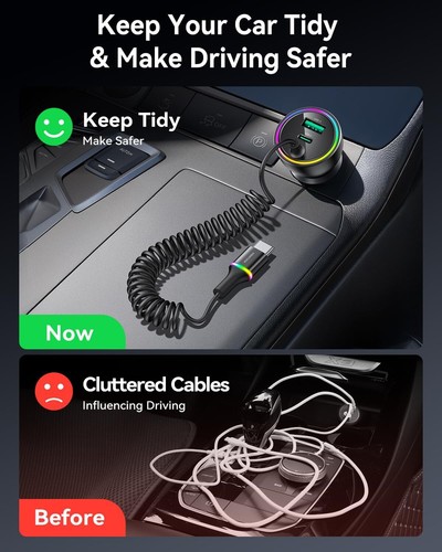 70W USB C Car Charger with 5.2ft Coiled Cable - Fast Charging for iPhone 16/15 - 第 6/7 張圖片