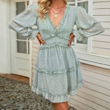 Shein Polka Dot Print Shirred Waist Layered Ruffle Hem Key hole Back Dress Sz L