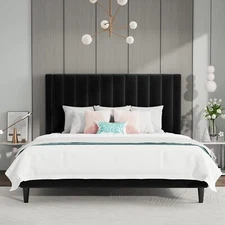 King Size VerticalChannel Platform Bed Frame Velvet Upholstered Headboard Black