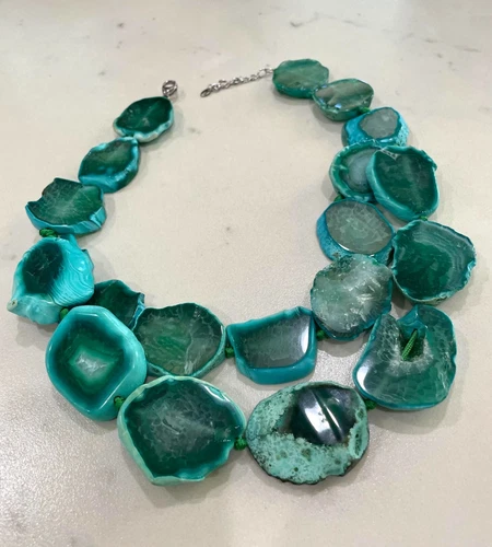 Stunning Blue-Green Geode Thick Flat Polished Slice Statement Necklace EUC