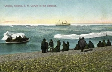 russia, WHALEN, Siberia, Yupik people on Beach, Steamer S.S. Corwin in Distance