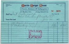 1917 LIC NY Letterhead Martin Burger Press Printers Stationers Lithographers
