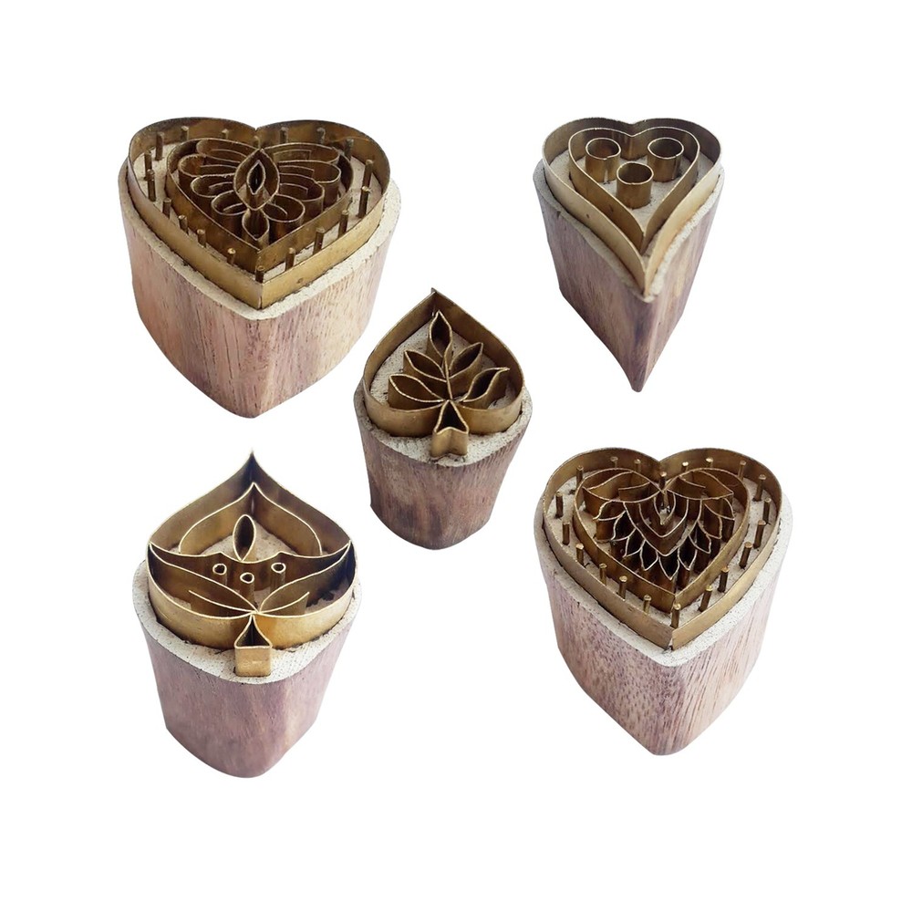 Heart Brass Wooden Printing Stamps DIY Fabric, Clay, Pottery Block (Set of 5)