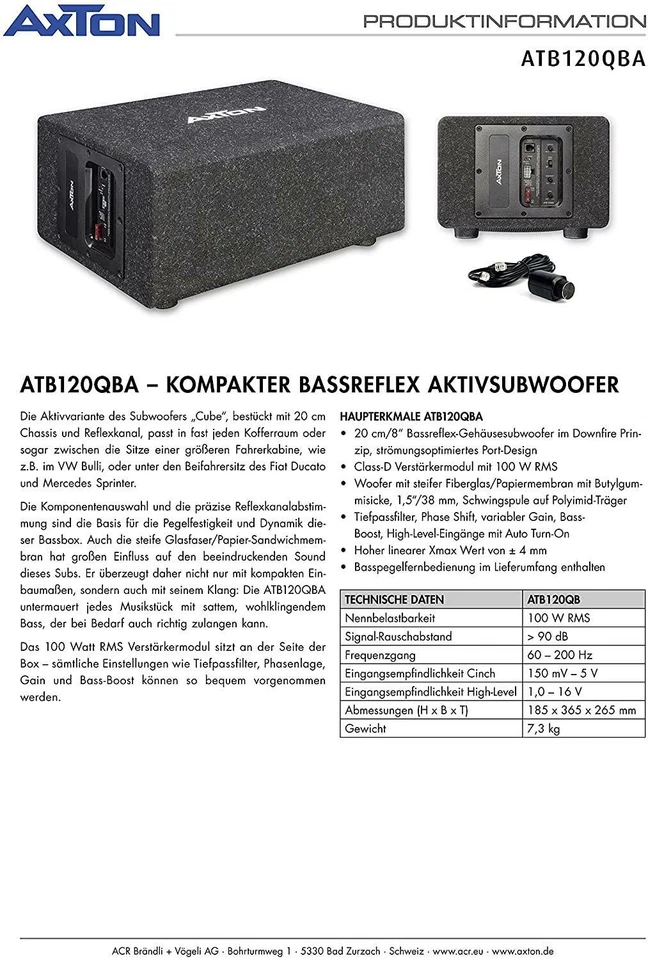 AXTON ATB120QBA Bassreflex Aktivsubwoofer Bassbox Auto, LKW, Reisemobil - Bild 3 von 4