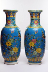 Antique Chinese Club shape Vases Blue Under glaze Kangxi Makers marks Flowers