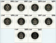 1991 to 2002 Canada 50 Cents Set of 10 Unc #21467