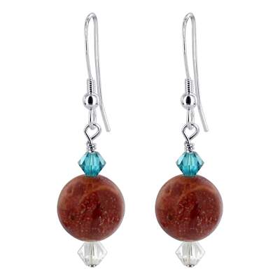 Rote Koralle & blaue österreichische österreichische Kristalle Sterlingsilber Ohrhänger