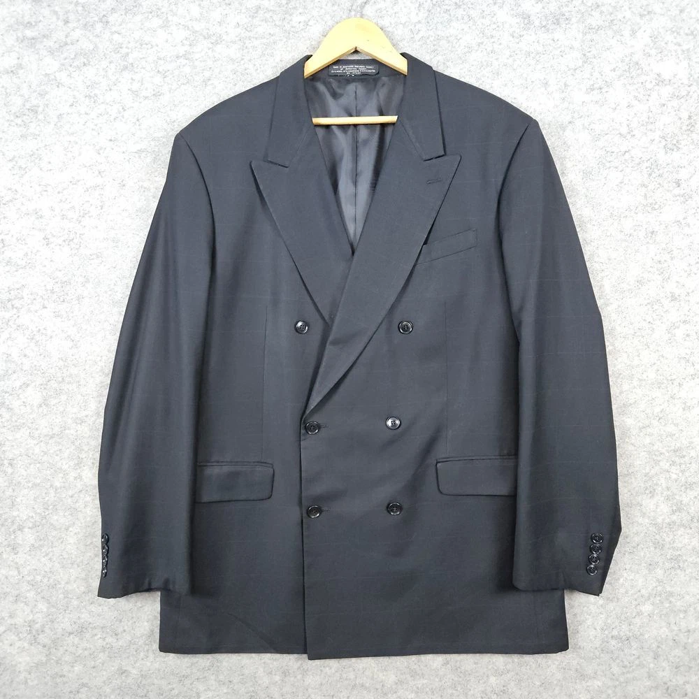 Jones New York Men Black Windowpane Blazer Sz L44 Double Breasted Wool Cashmere