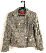 Cream Beige Grey Check Short Wool Double Breasted Jacket Size 10 Small