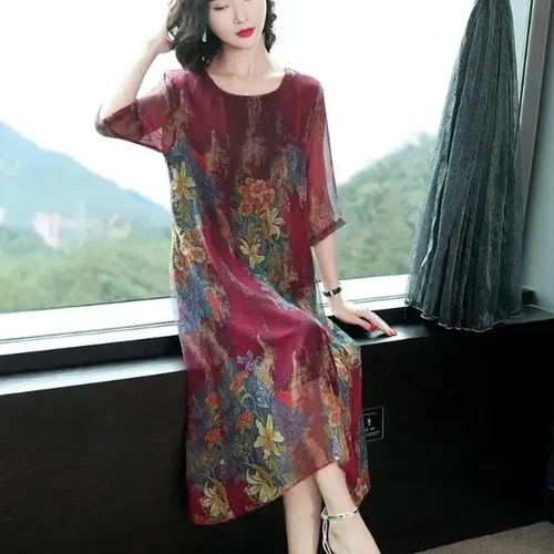 Women Chiffon Print Midi Dress Half Sleeves Casual Loose A-line Retro Ethnic - Picture 15 of 22